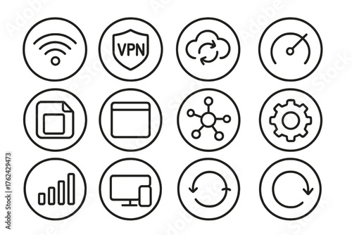 Internet Tools Icons. Line style round icons of internet and tools: Wi-Fi icon, VPN shield, cloud sync, bandwidth meter;