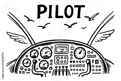 Whimsical Cockpit Design. Hand-drawn cockpit with wings, buttons, and birds, center word “Pilot” in black and white isolated