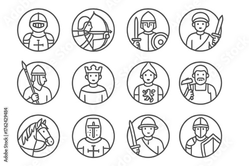 Historical Warriors Icons. Line style round icons of historical warriors: knight, archer, footman, squire; pikeman, noble, herald,