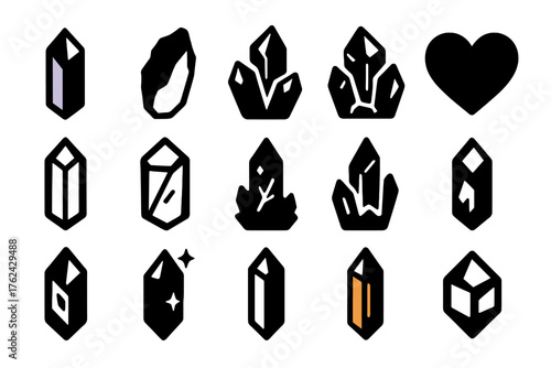 Quartz Crystal Icons. Solid style icons of Quartz crystal variations: amethyst point, citrine shard, smoky cluster, rose heart