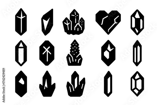Quartz Crystal Icons. Solid style icons of Quartz crystal variations: amethyst point, citrine shard, smoky cluster, rose heart