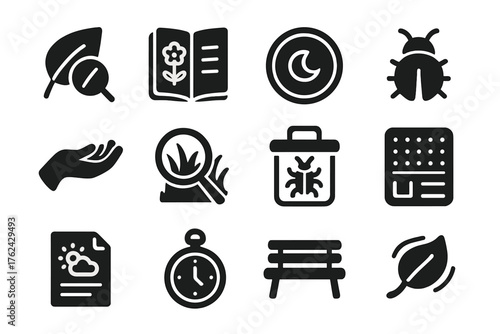 Nature Observation Icons. Solid style icons of Nature Observation: leaf detail, garden journal, camera lens, insect silhouette,