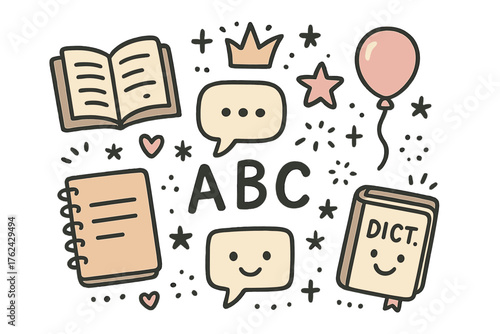 Language Doodle Set. Language doodle icon set: hand drawn icons of book, speech bubble, crown, star, balloon, notebook, letters,