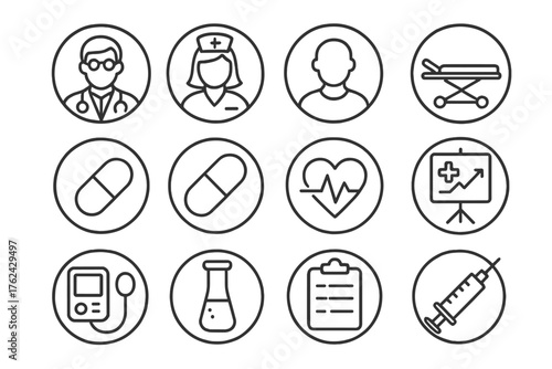Medical Care Icons. Line style round icons of medical care: doctor, nurse, patient, stretcher; pill, capsule, heartbeat, health