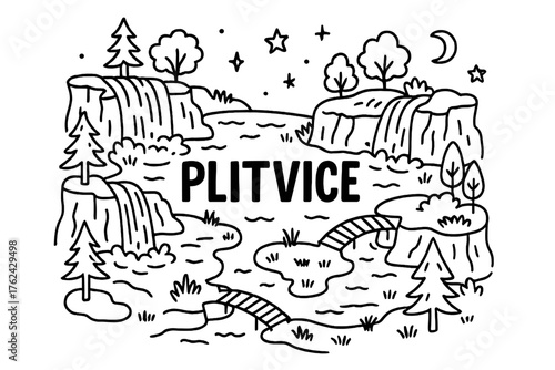 Plitvice Doodle Art. Doodle plitvice waterfalls with lakes, stars, and wooden bridges, center word “Plitvice” in black and white