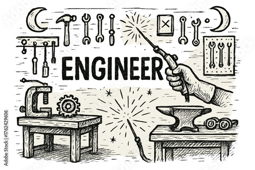 Workshop of Moons. Hand-drawn workshop with moons, tools, and sparks, center word “Engineer” in black and white isolated
