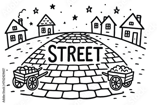 Doodle Starry Street. Doodle cobblestone street with stars, houses, and carts, center word “Street” in black and white isolated