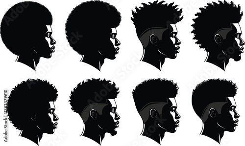 WebAfro hairstyle silhouettes, diverse curly hair profiles, natural textured beauty, cultural identity, fashion diversity, black hair illustration, modern style expression