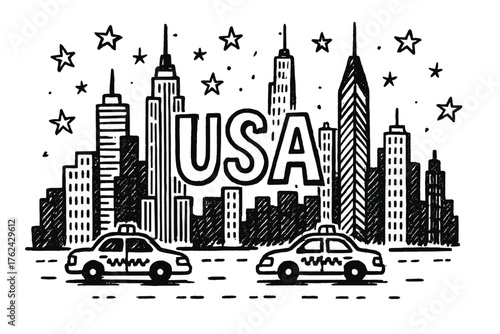 New York Doodle Skyline. Doodle new york skyline with skyscrapers, taxis, and stars, center word “USA” in black and white isolated
