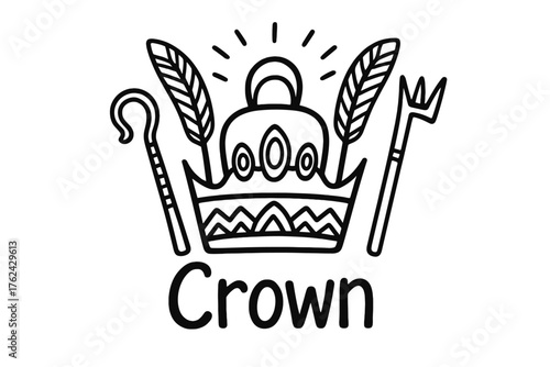 Egyptian Royal Crown. Doodle egyptian crown with feathers, gems, and staffs, center word “Crown” in black and white isolated