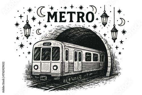Metro Train Artistry. Hand-drawn metro train with tunnels, moons, and lanterns, center word “Metro” in black and white isolated