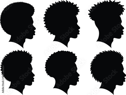 WebAfro hairstyle silhouettes, diverse curly hair profiles, natural beauty, cultural identity, fashion diversity, textured hair illustration, black woman style