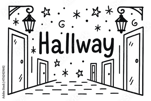 Doodle Hallway Design. Doodle hallway with doors, lanterns, and stars, center word “Hallway” in black and white isolated