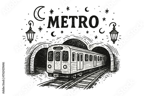 Metro Train Artistry. Hand-drawn metro train with tunnels, moons, and lanterns, center word “Metro” in black and white isolated