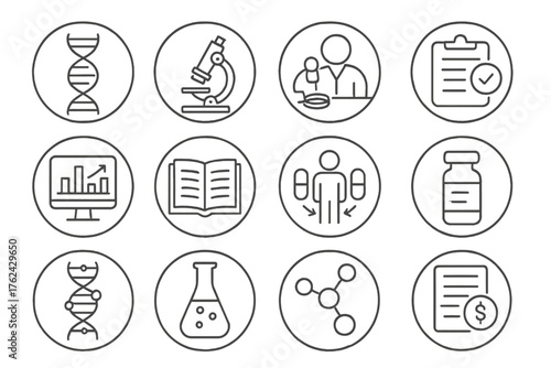 Medical Research Icons. Line style round icons of medical research and innovation: DNA strand, microscope icon, lab research, test