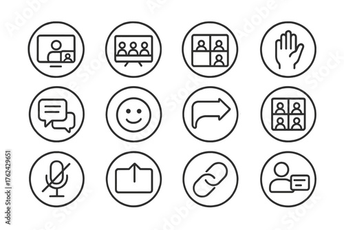 Virtual Networking Icons. Line style round icons of online networking: video screen, virtual room, breakout icon, raised hand;