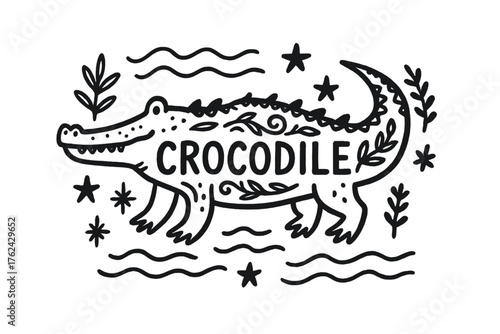 Crocodile Amidst Nature. Hand-drawn crocodile with rivers, stars, and plants, center word “Crocodile” in black and white isolated