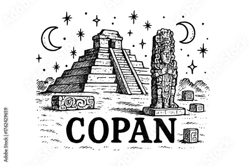 Copan Ruins Art. Hand-drawn copan ruins with moons, stars, and carvings, center word “Copan” in black and white isolated