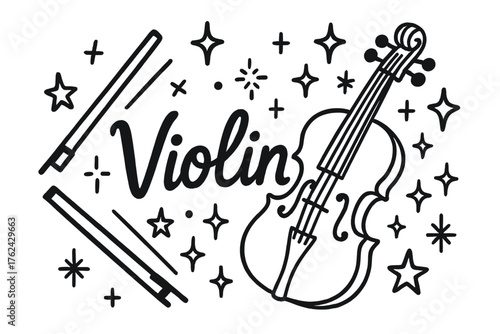 Violin Doodle Art. Doodle violin with stars, bows, and sparkles, center word “Violin” in black and white isolated transparent