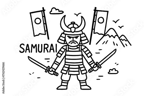 Samurai Warrior Doodle. Doodle samurai warrior with swords, banners, and mountains, center word “Samurai” in black and white