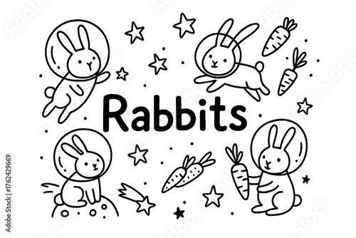 Cosmic Rabbit Doodle. Doodle cosmic rabbits with carrots, stars, and helmets, center word “Rabbits” in black and white isolated