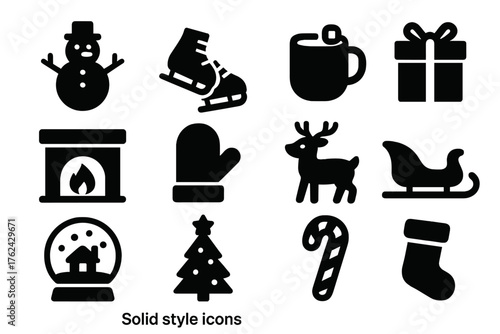 Winter Holiday Icons. Solid style icons of Winter Holiday: Snowman, Ice Skates, Hot Chocolate, Gift Box, Fireplace, Mitten,