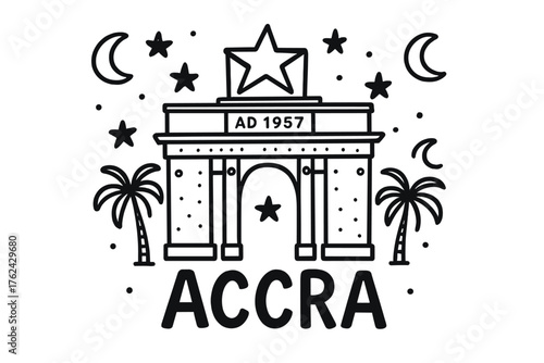 Doodle Arch and Palms. Doodle accra independence arch with stars, moons, and palm trees, center word “Accra” in black and white