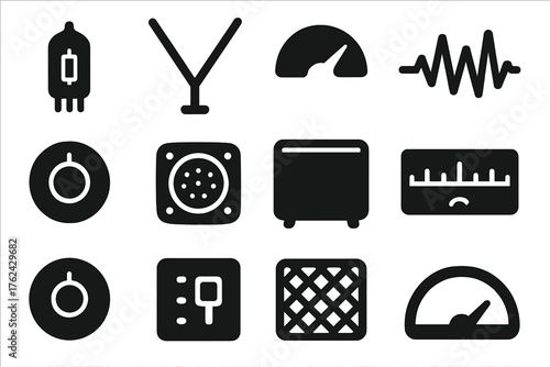 Vintage Radio Icons. Solid style icons of Vintage radio components: vacuum tube, antenna, dial, soundwave, tuning knob, speaker