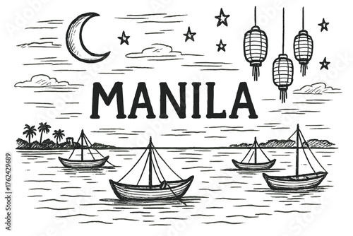 Manila Bay Serenity. Hand-drawn manila bay with boats, moons, and lanterns, center word “Manila” in black and white isolated