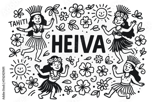 Tahiti Heiva Celebration. Doodle tahiti heiva festival with dancers, suns, and flowers, center word “Heiva” in black and white