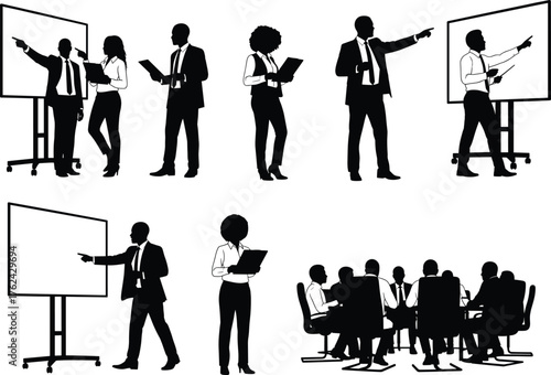 Business professionals silhouettes in corporate meeting, teamwork collaboration, office presentation, leadership strategy, conference discussion, workplace communication, management planning, success