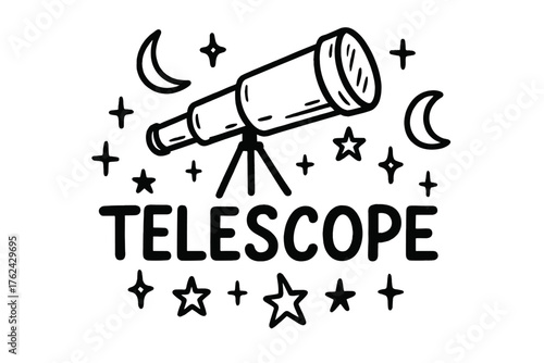 Celestial Doodle Telescope. Doodle telescope with stars, moons, and sparkles, center word “Telescope” in black and white isolated