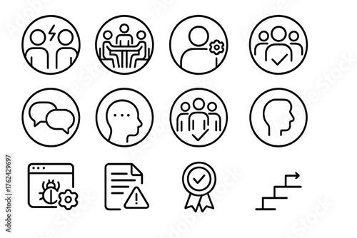 Conflict Resolution Icons. Line style round icons of conflict resolution: disagreement icon, mediation table, HR support,