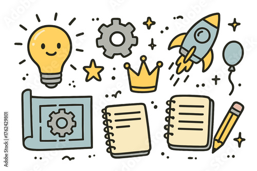 Creative Invention Doodle Icons. Invention doodle icon set: hand drawn icons of light bulb with smile, gear, rocket, crown, star,