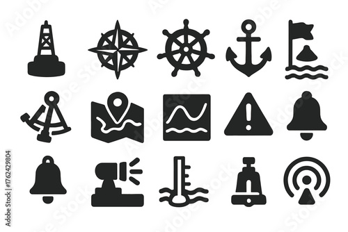 Maritime Navigation Icons. Solid style icons of Maritime navigation symbols: buoy, compass rose, ship wheel, anchor, sextant,