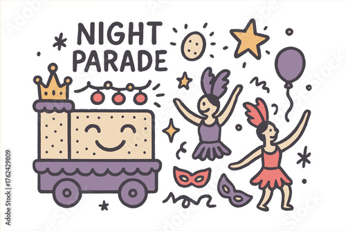 Night Parade Doodle Icons. Night parade doodle icon set: hand drawn icons of float with smile, lights, crown, star, balloon, masks