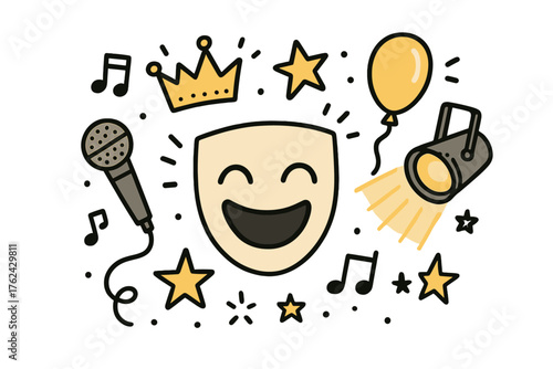 Doodle Comedy Show. Comedy show illustration doodle style: hand drawn laughing mask with smile, microphone, crown, star, balloon,