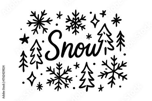 Snowflake Doodle Art. Doodle snowflakes with stars, sparkles, and trees, center word “Snow” in black and white isolated