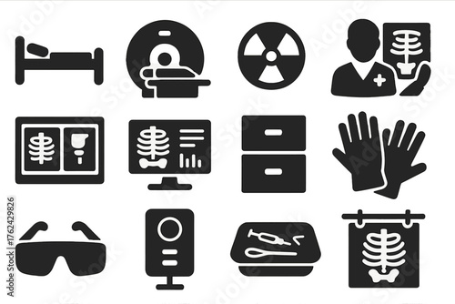 Radiology Icons Set. Solid style icons of Radiology Department: patient bed, imaging room, radiation symbol, doctor reading film,