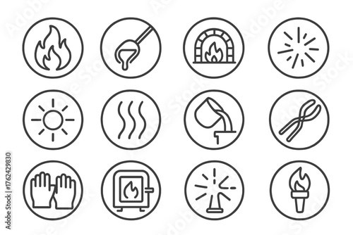 Hot Materials Icons. Line style round icons of hot materials: flame, molten glass, forge, spark; glowing shape, heatwave, crucible