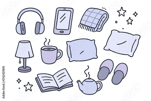 Cozy Evening Icons. Evening chill doodle icon set: hand drawn icons of headphones, smartphone, blanket, cocoa, pillow, slippers,
