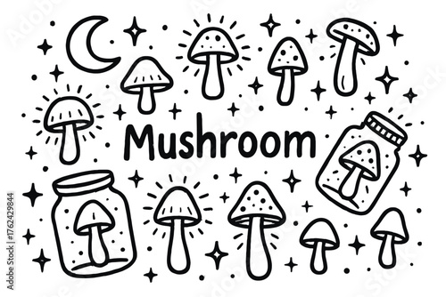 Glowing Mushroom Doodle. Doodle glowing mushrooms with jars, sparks, and moons, center word “Mushroom” in black and white isolated