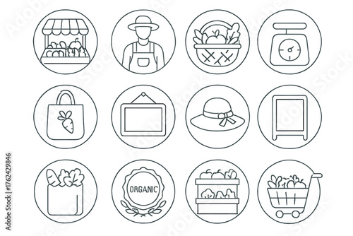 Farmers Market Icons. Line style round icons of farmers market: fruit stand, vendor, basket, scale; reusable bag, local sign, sun