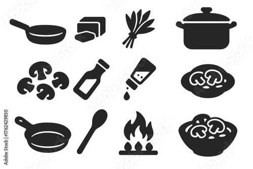 Mushroom Cooking Icons. Solid style icons of Wild mushroom cooking: sauté pan, butter block, herb bundle, cooking pot, chopped