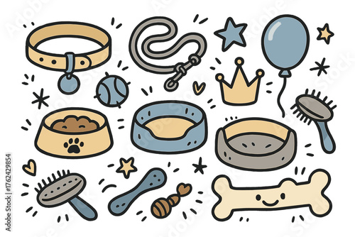 Cute Pet Accessories Doodles. Pets accessories doodle icon set: hand drawn icons of collar, leash, bowl, toy, crown, star, balloon