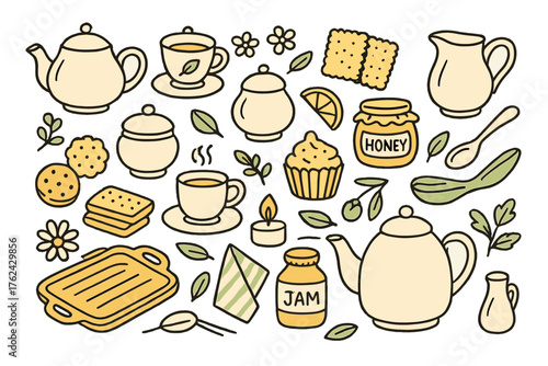 Tea Time Doodle Icons. Tea time doodle icon set: hand drawn icons of teapot, tea cup, saucer, sugar bowl, spoon, lemon slice,