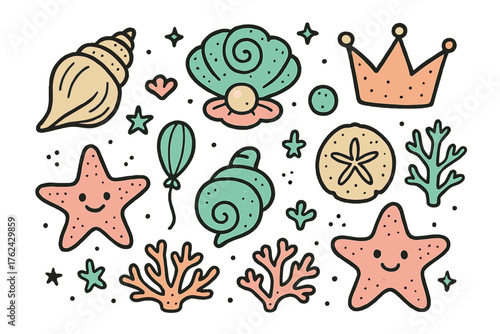 Seashell Doodle Icons. Seashell doodle icon set: hand drawn icons of conch, clam, pearl, spiral shell, crown, star, balloon, sand