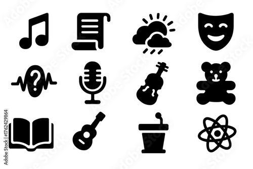 Radio Genre Icons. Solid style icons of Radio program genres: jazz note, news scroll, weather icon, radio drama mask, mystery wave