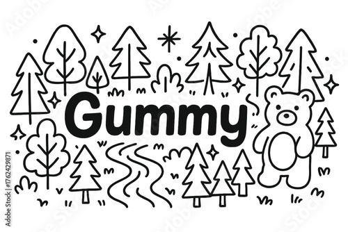 Gummy Bear Wonderland. Doodle gummy bear forest with trees, rivers, and stars, center word “Gummy” in black and white isolated