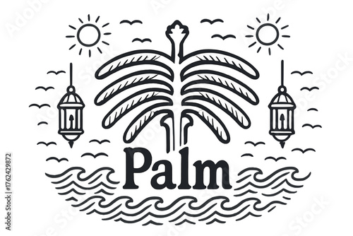 Palm Jumeirah Art. Hand-drawn palm jumeirah with waves, suns, and lanterns, center word “Palm” in black and white isolated